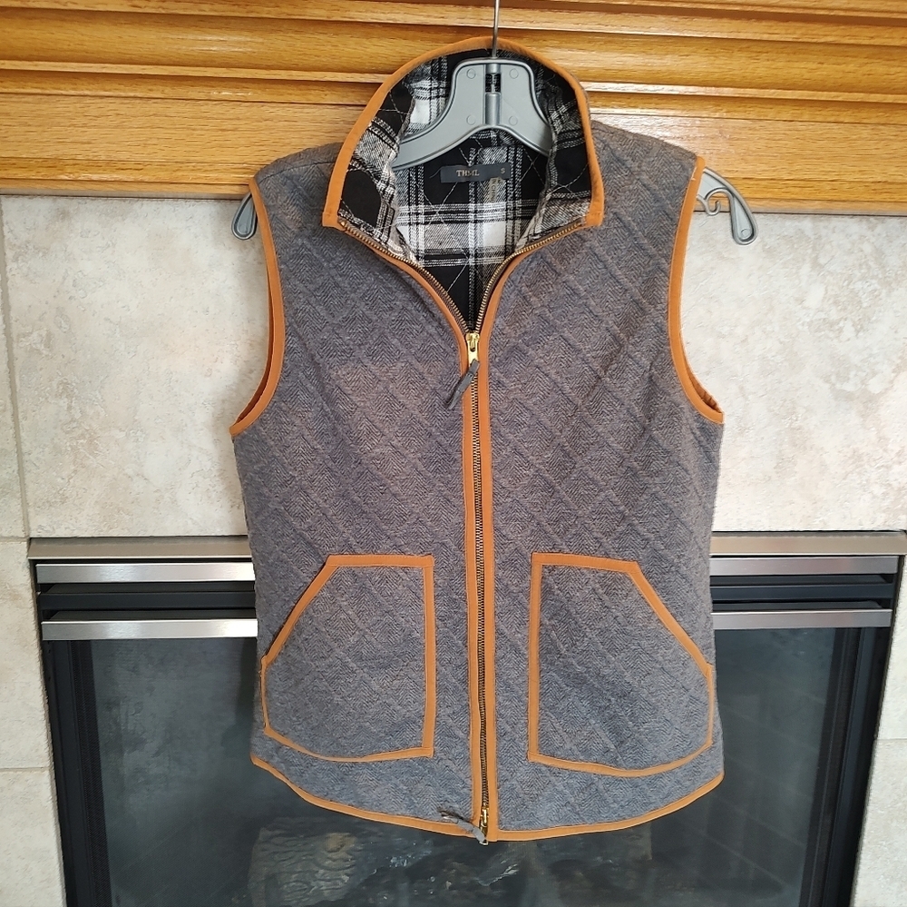 THML Croquet Style Quilted Sweater Vest Small Gray Plaid Lined Pocket Full Zip